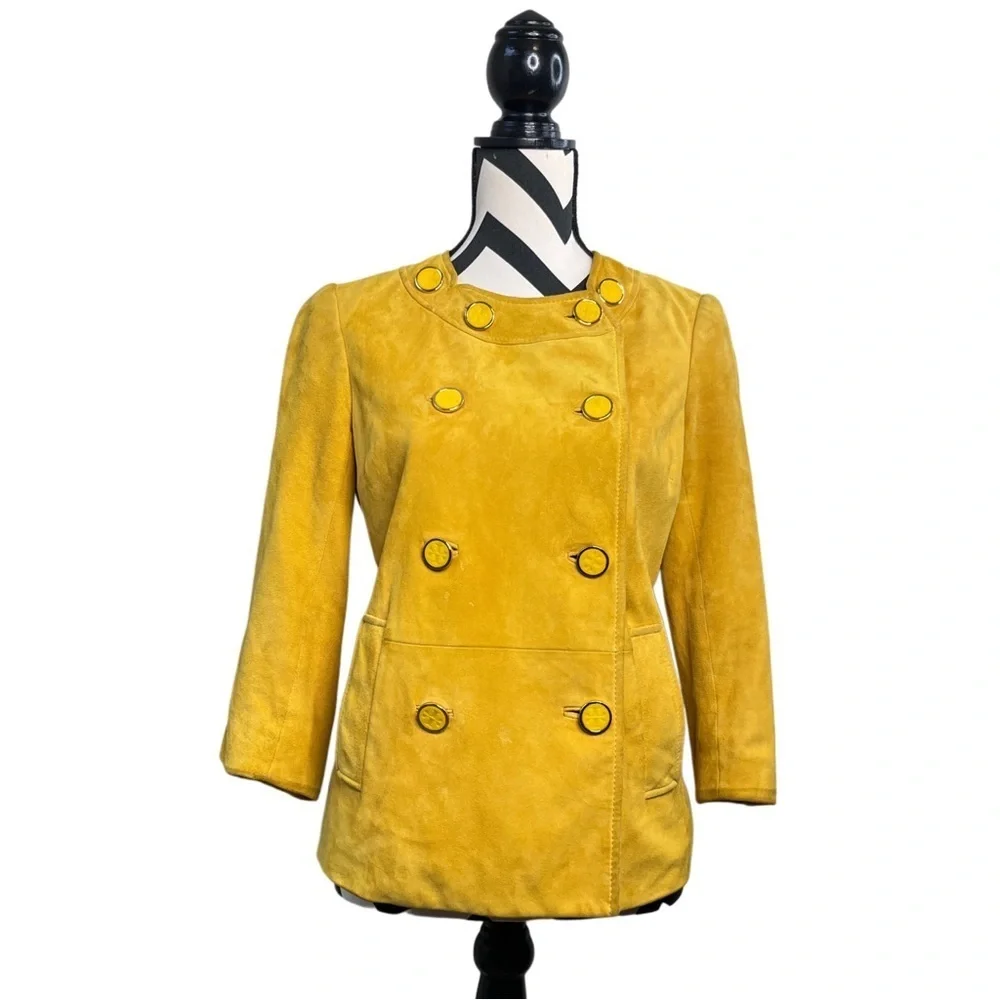 Tory Burch 100% Leather Buttery Suede Sz 6 Mustard Yellow 3/4 Sleeve Jacket
